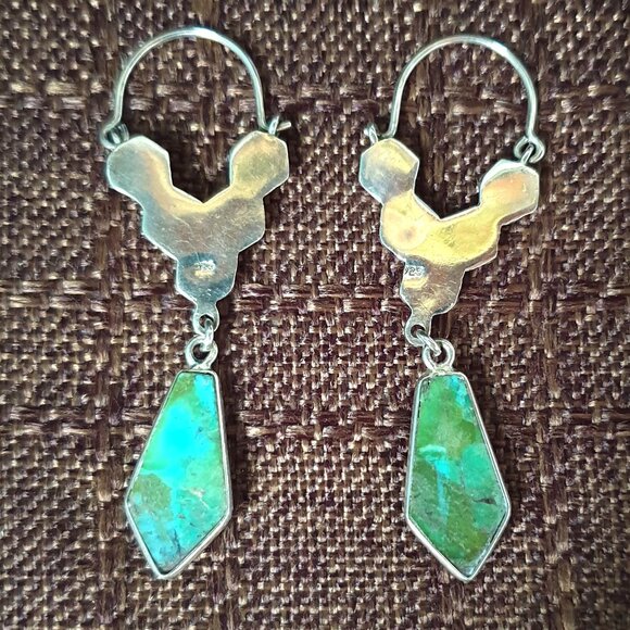 2'' Vintage Southwestern Genuine Turquoise 925 Sterling Silver Dangle Earrings - Picture 5 of 11